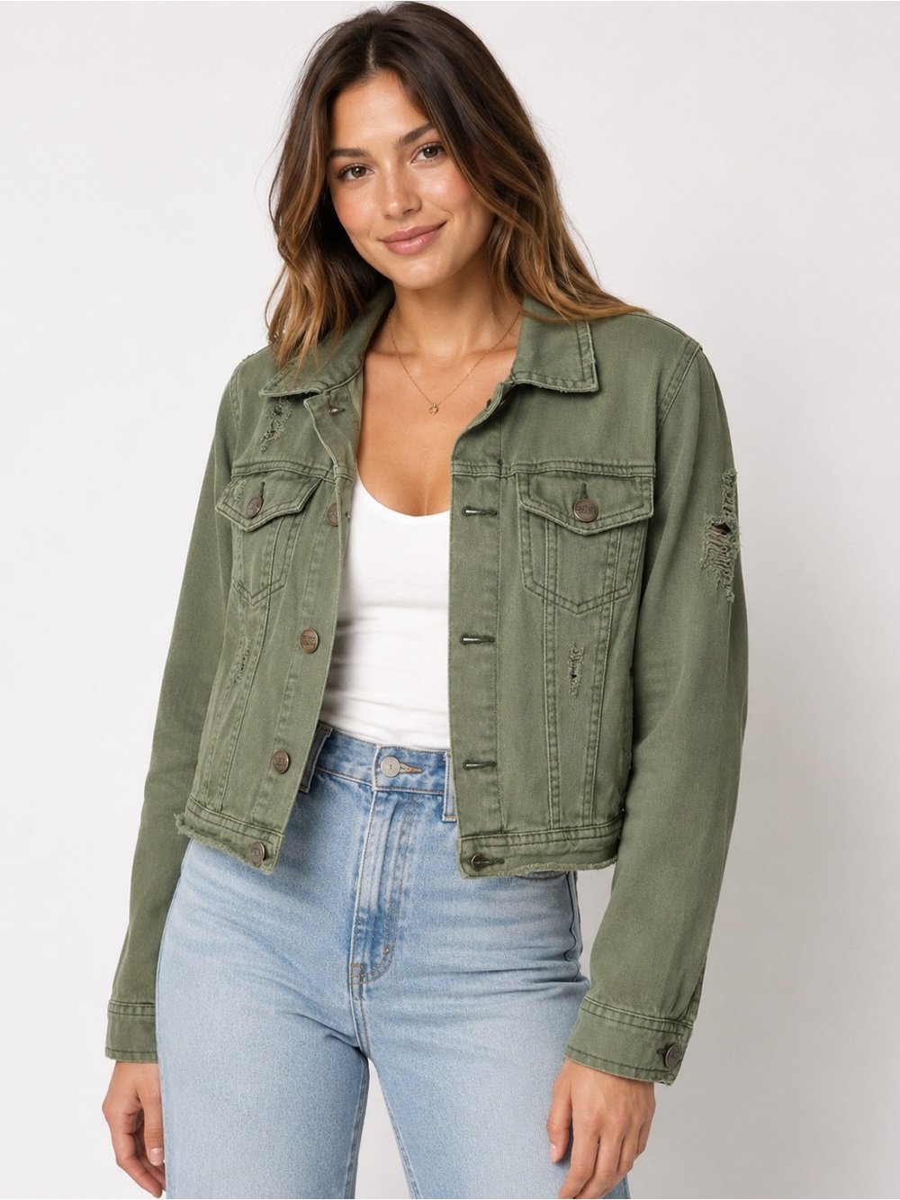 Free People Boho Utility‎ Distressed Trucker Jacket Olive Green 100% cotton SZ 6